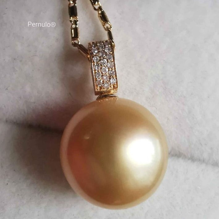 Classic pendant 18k gold diamond genuine golden south sea pearl 13mm AAA+