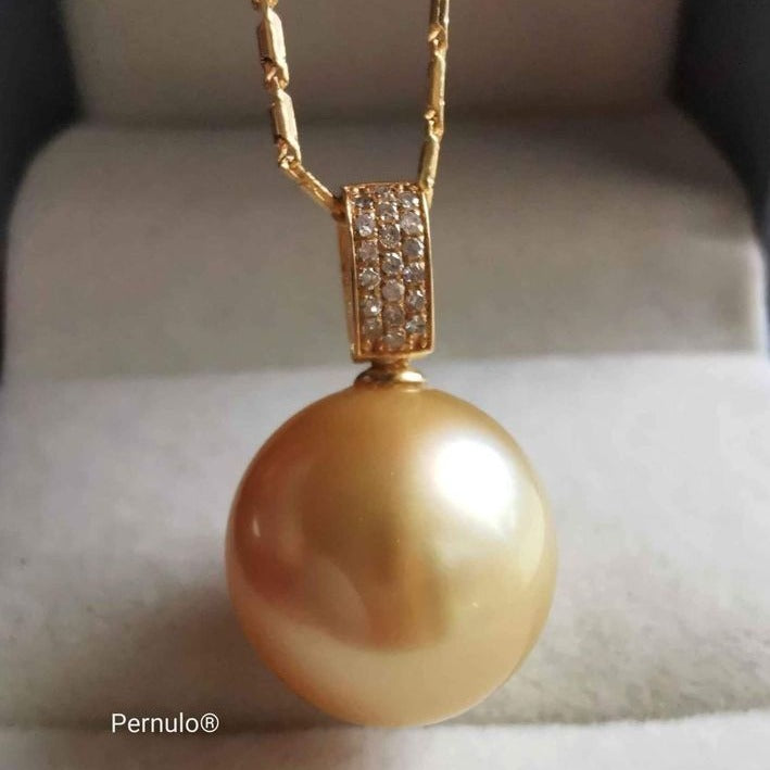 Classic pendant 18k gold diamond genuine golden south sea pearl 13mm AAA+