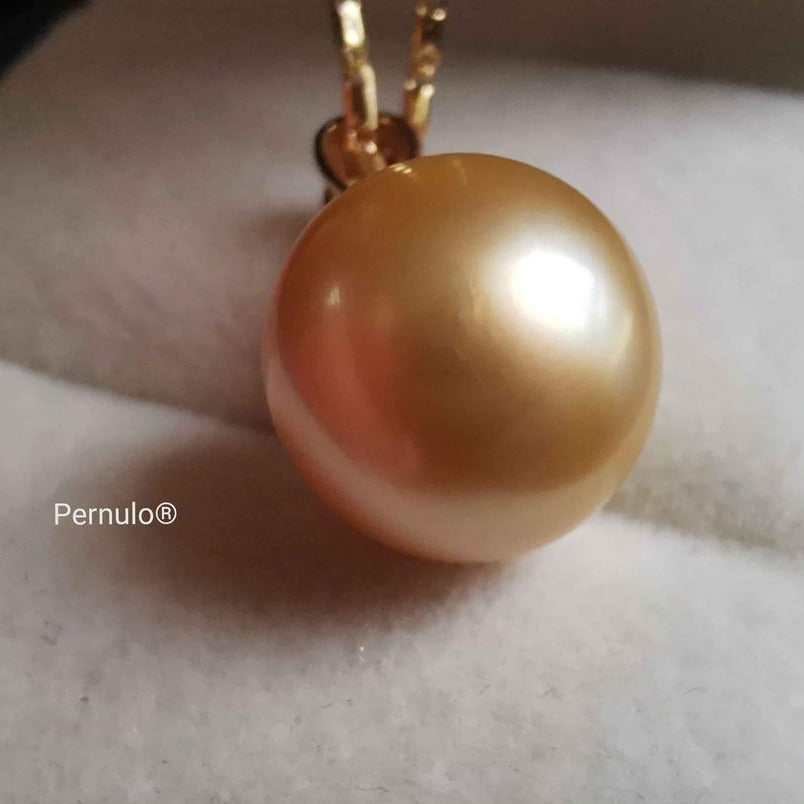 Classic pendant 18k gold diamond genuine golden south sea pearl 13mm AAA+