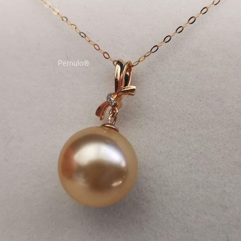 Classic 18k gold diamond pendant genuine golden south sea pearl 12mm AAA+