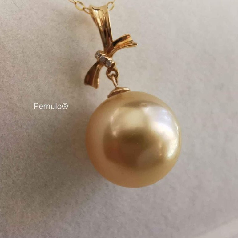Classic 18k gold diamond pendant genuine golden south sea pearl 12mm AAA+
