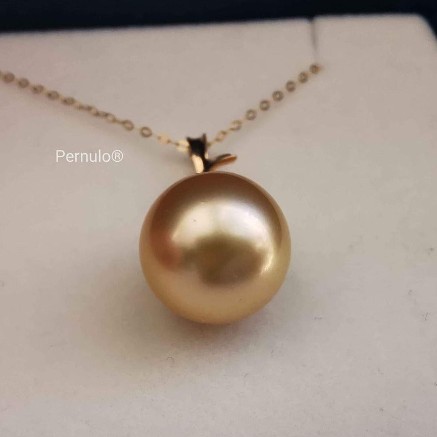 Classic 18k gold diamond pendant genuine golden south sea pearl 12mm AAA+
