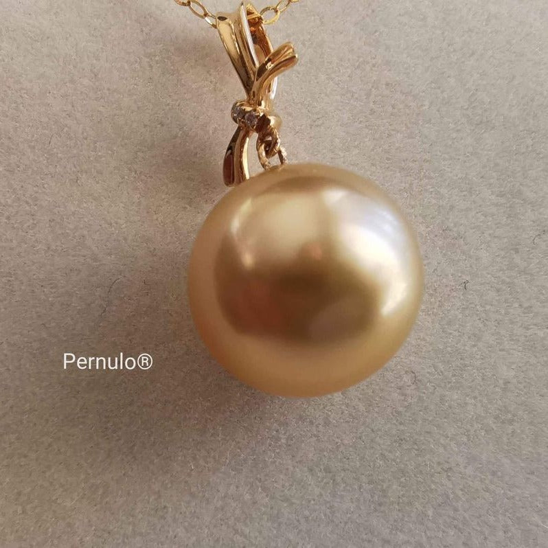 Classic 18k gold diamond pendant genuine golden south sea pearl 12mm AAA+