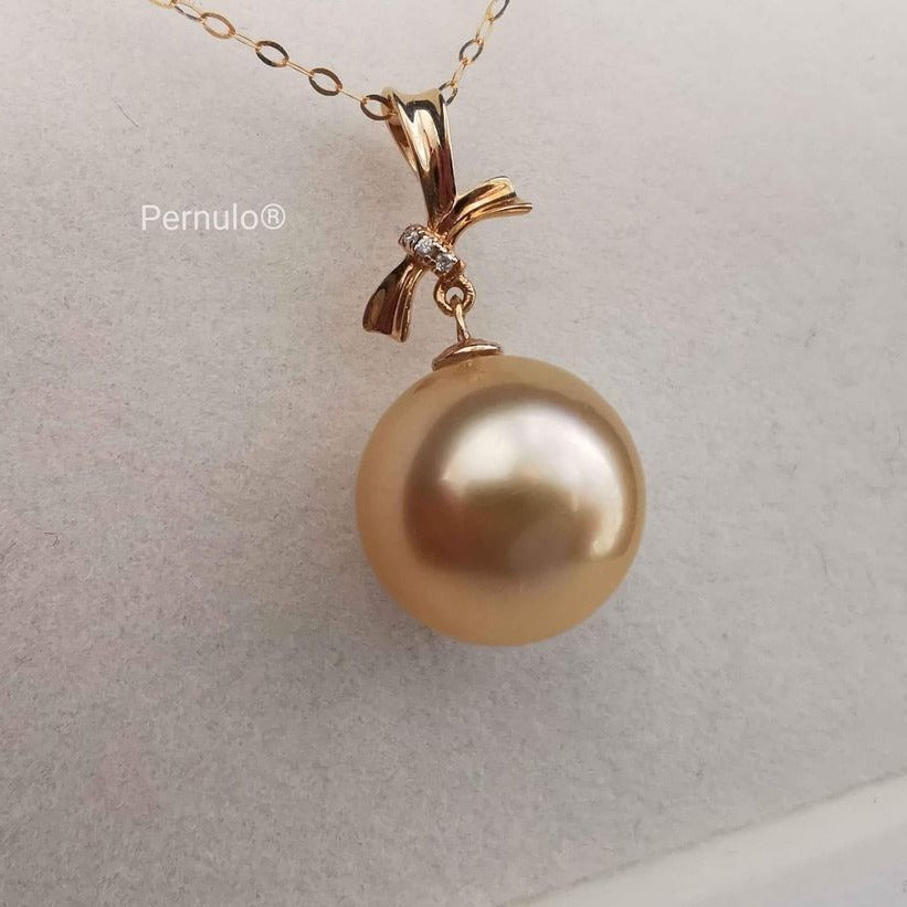 Classic 18k gold diamond pendant genuine golden south sea pearl 12mm AAA+