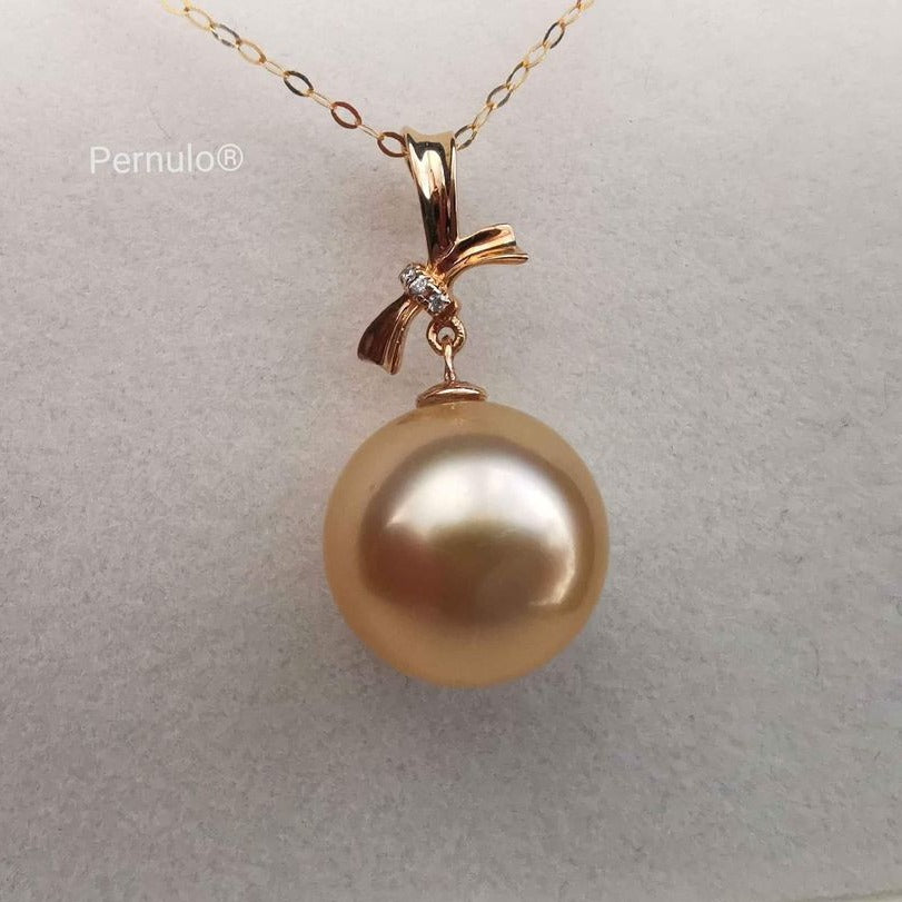 Classic 18k gold diamond pendant genuine golden south sea pearl 12mm AAA+