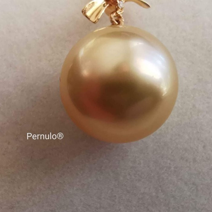 Classic 18k gold diamond pendant genuine golden south sea pearl 12mm AAA+