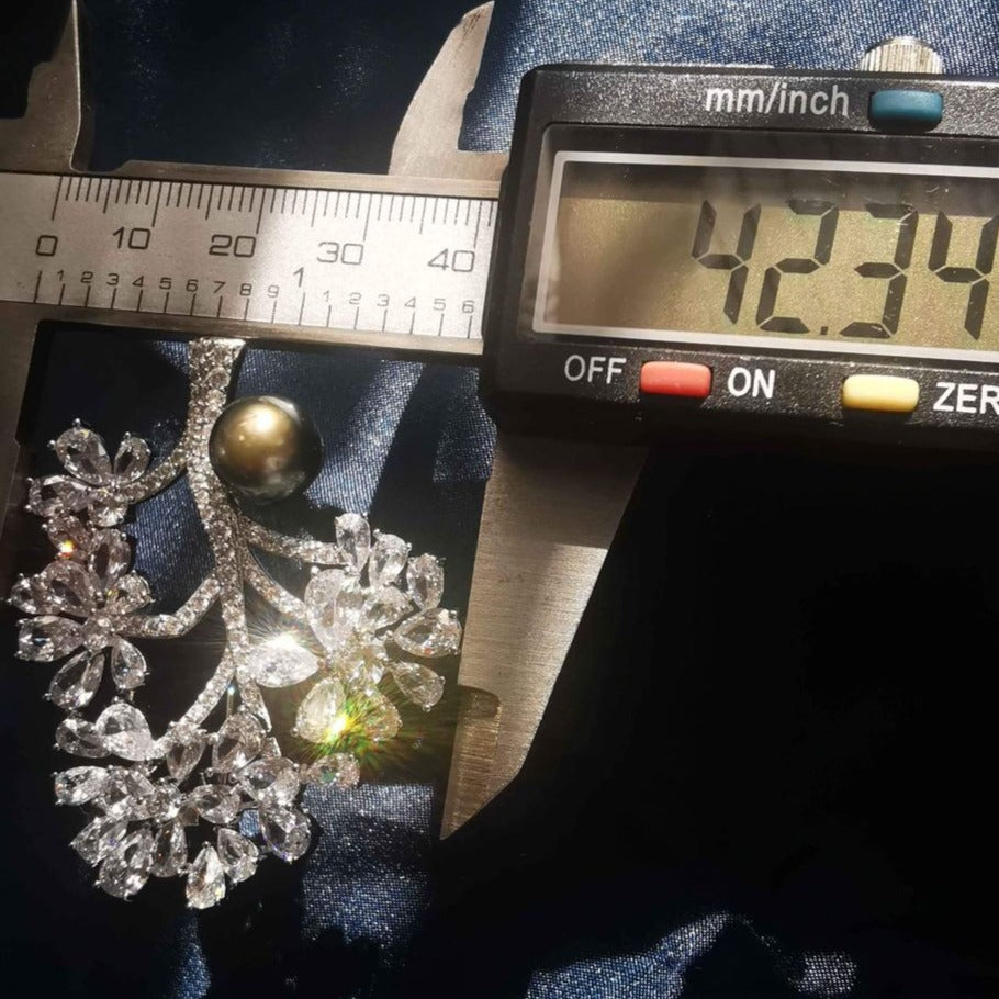 'Crystal Tree' brooch genuine tahitian south sea pearl 9.5mm