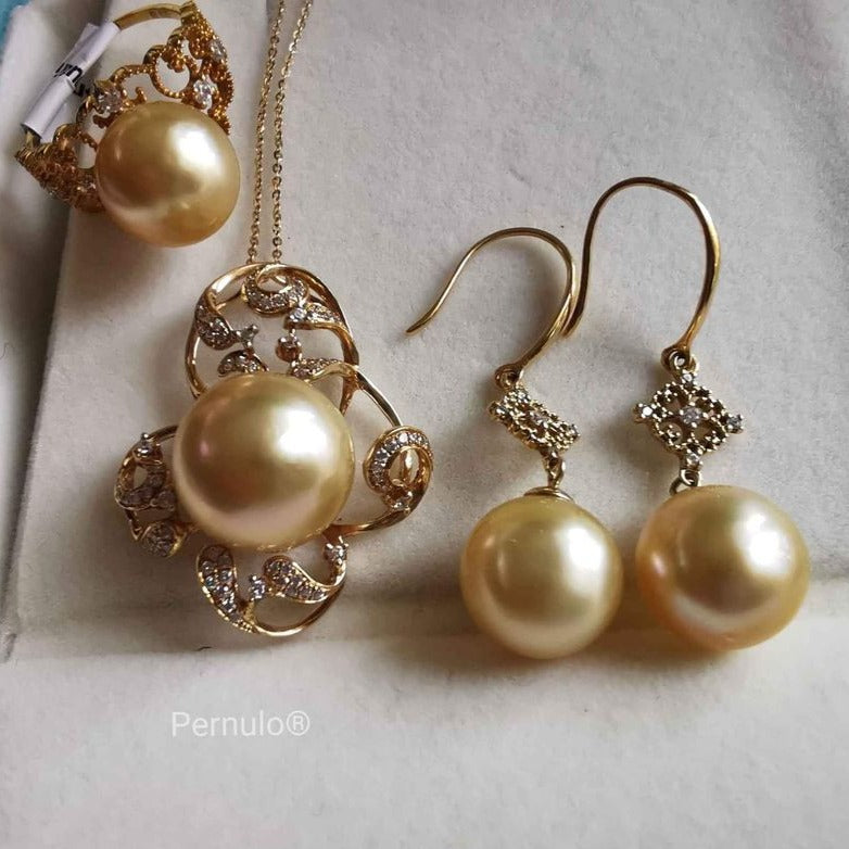 Classic 'Lacy' earrings 18k gold genuine golden south sea pearls 10.5mm AAA