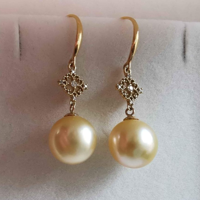 Classic 'Lacy' earrings 18k gold genuine golden south sea pearls 10.5mm AAA