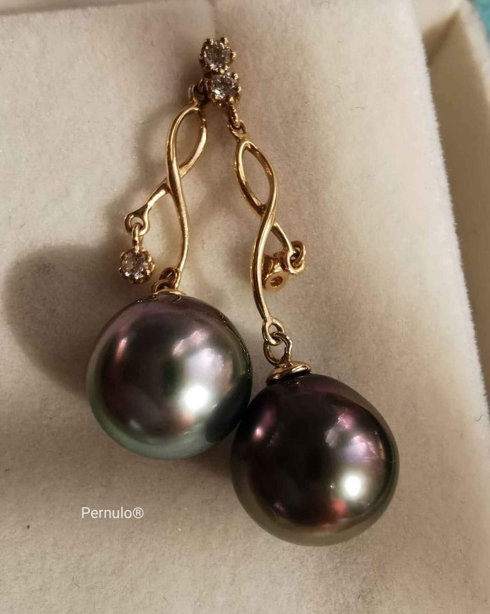 'The orient waves' 18k gold earrings genuine tahitian south sea pearls AAAA 9.7x10.2mm