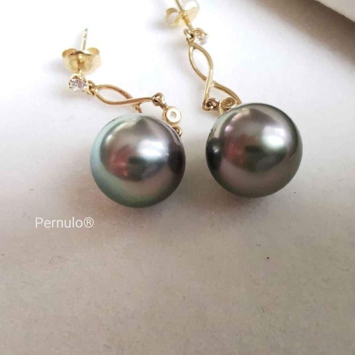 'The orient waves' 18k gold earrings genuine tahitian south sea pearls AAAA 9.7x10.2mm