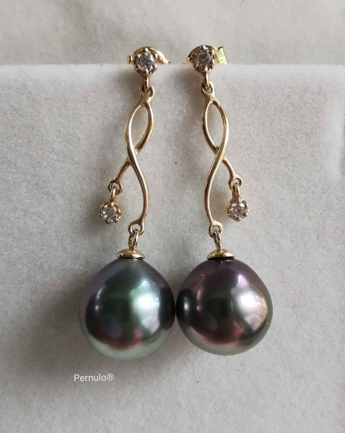 'The orient waves' 18k gold earrings genuine tahitian south sea pearls AAAA 9.7x10.2mm