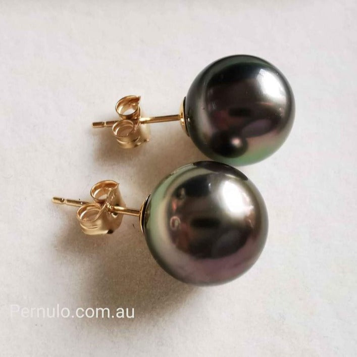 10.4mm Genuine tahitian south sea pearls classic earrings 14k gold