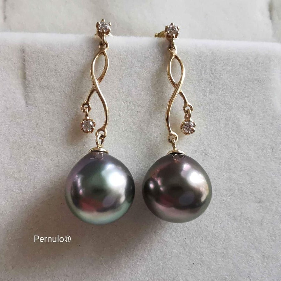 'The orient waves' 18k gold earrings genuine tahitian south sea pearls AAAA 9.7x10.2mm