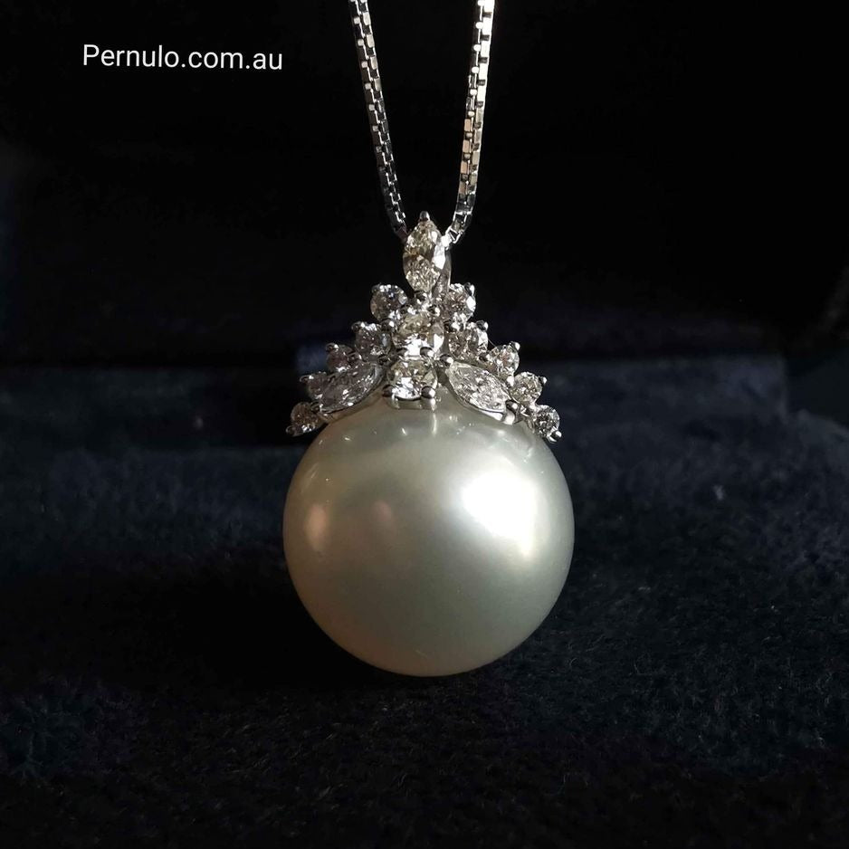 12.2mm Genuine south sea white pearl 18k white gold diamond pendant