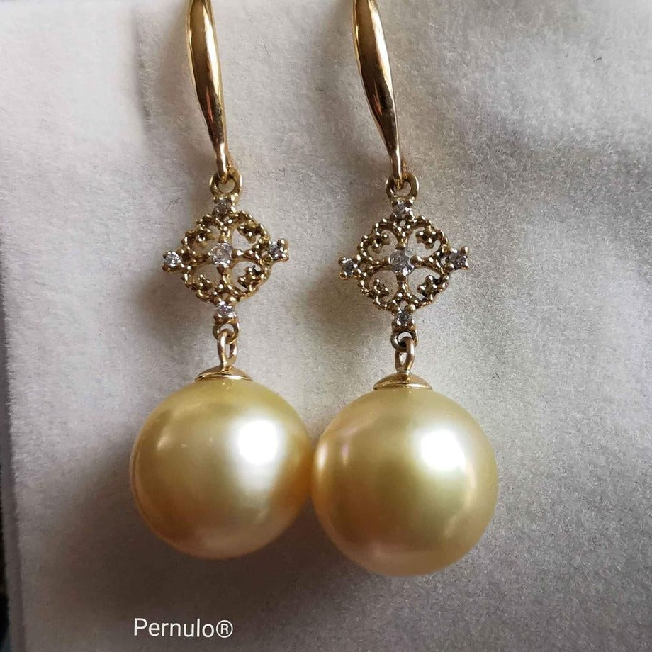 Classic 'Lacy' earrings 18k gold genuine golden south sea pearls 10.5mm AAA