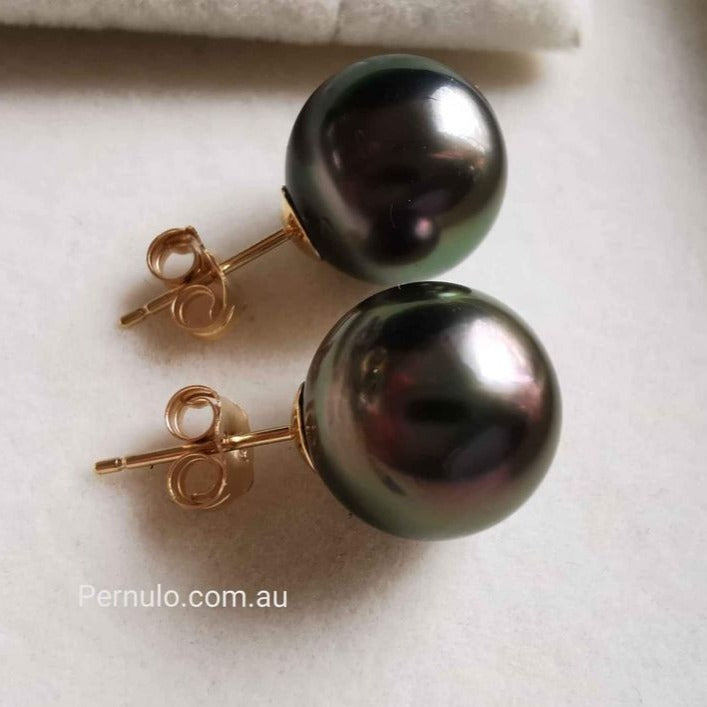 10.4mm Genuine tahitian south sea pearls classic earrings 14k gold