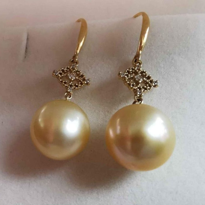 Classic 'Lacy' earrings 18k gold genuine golden south sea pearls 10.5mm AAA