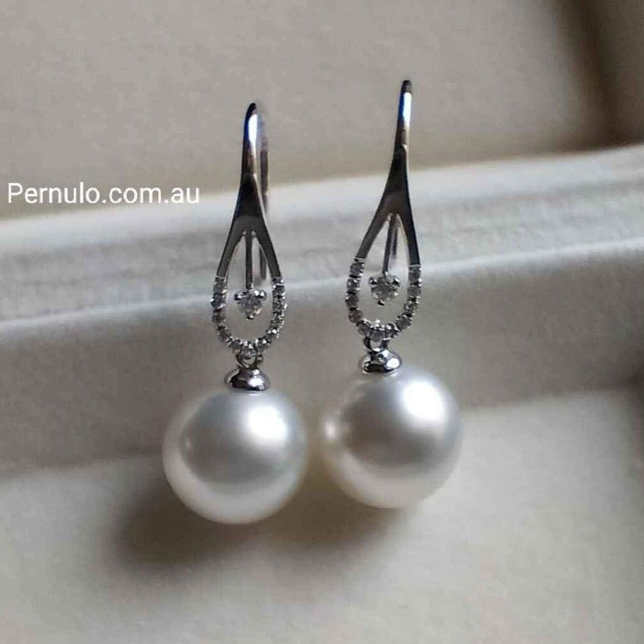 'Moonlight' 18k white gold diamond earrings genuine south sea white pearls 11.3mm