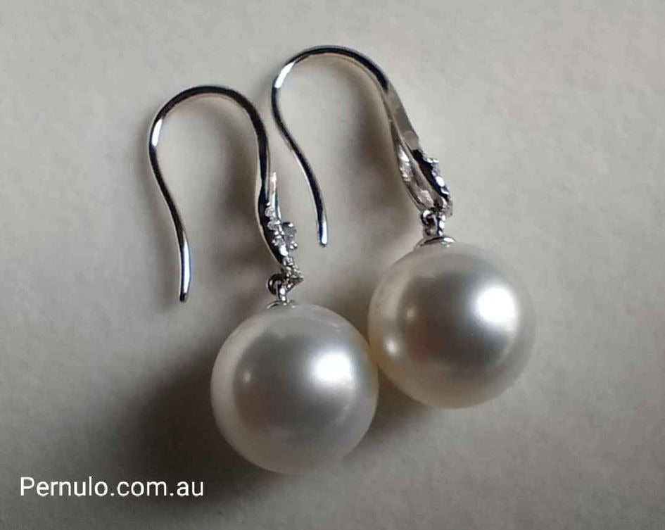 'Moonlight' 18k white gold diamond earrings genuine south sea white pearls 11.3mm