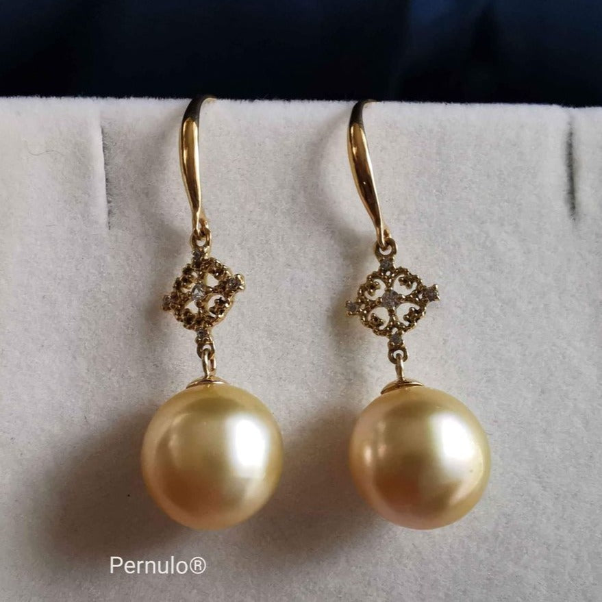 Classic 'Lacy' earrings 18k gold genuine golden south sea pearls 10.5mm AAA