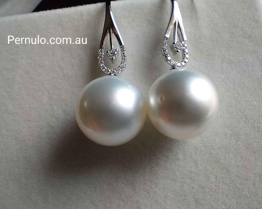 'Moonlight' 18k white gold diamond earrings genuine south sea white pearls 11.3mm