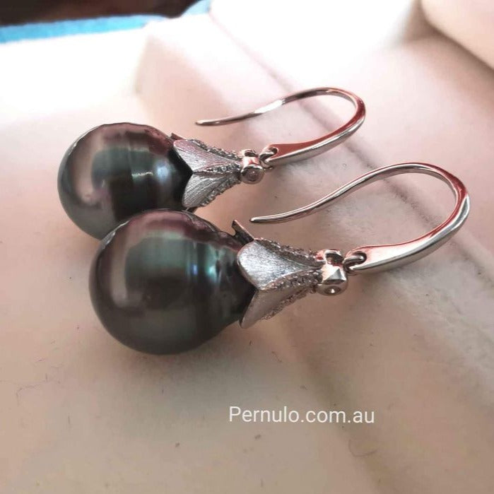 11mm genuine tahitian south sea pearls classic dangling earrings