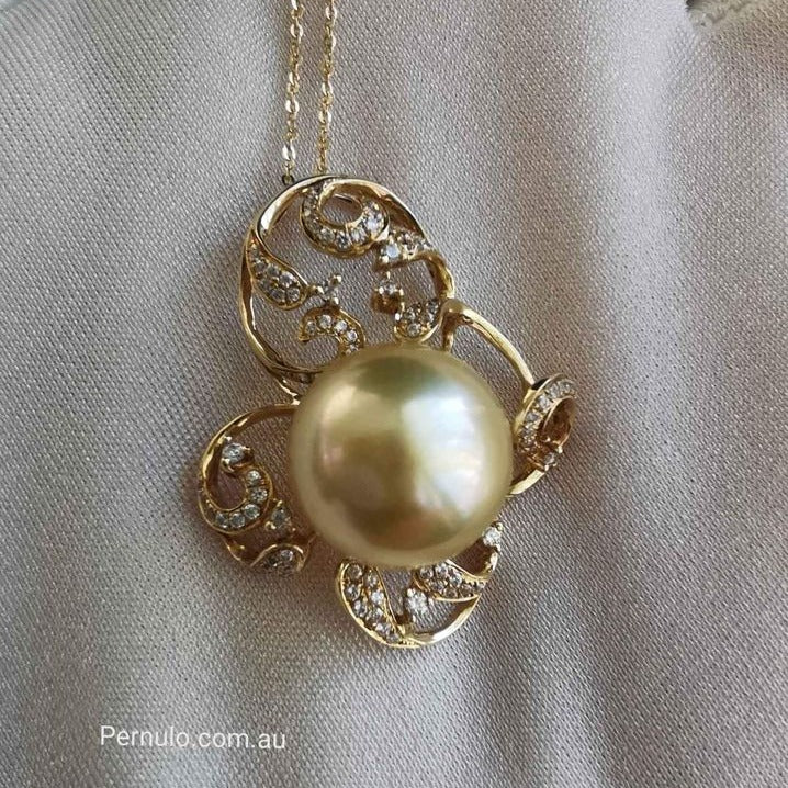 Elegant 'Lacy' pendant genuine golden south sea pearl 12.2mm 14k gold