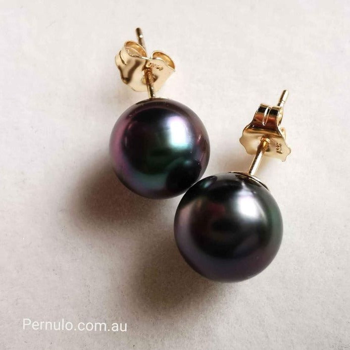 7.9mm Genuine Tahitian south sea pearl AAA 14k gold classic earrings