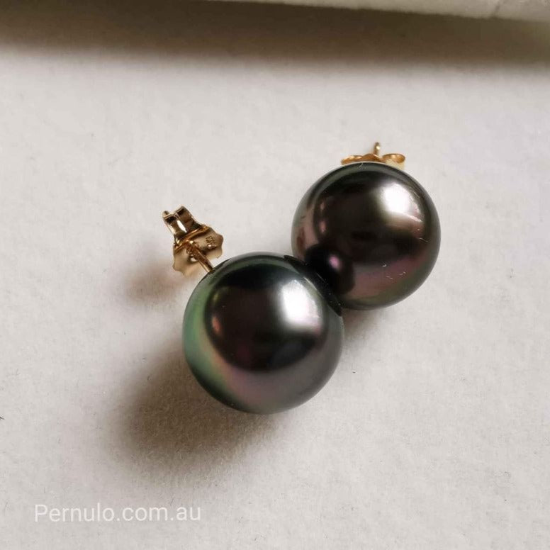 10.4mm Genuine tahitian south sea pearls classic earrings 14k gold