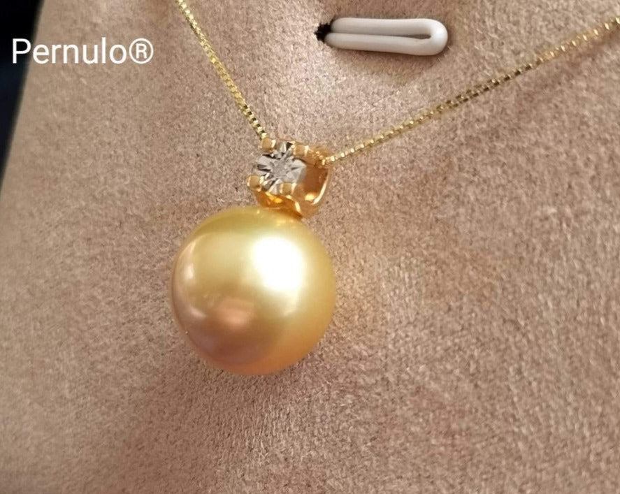 Classic 18k gold diamond pendant genuine golden south sea pearl 12.1mm AAA+