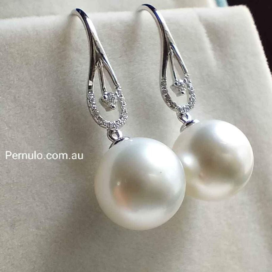 'Moonlight' 18k white gold diamond earrings genuine south sea white pearls 11.3mm