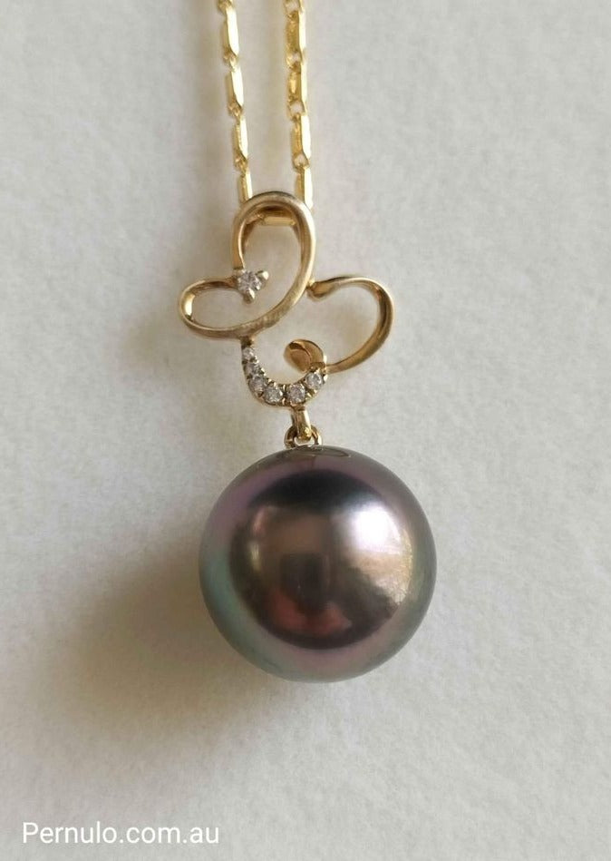 'The purple peacock' pendant 18k gold genuine Tahitian south sea pearl 11.9mm AAA