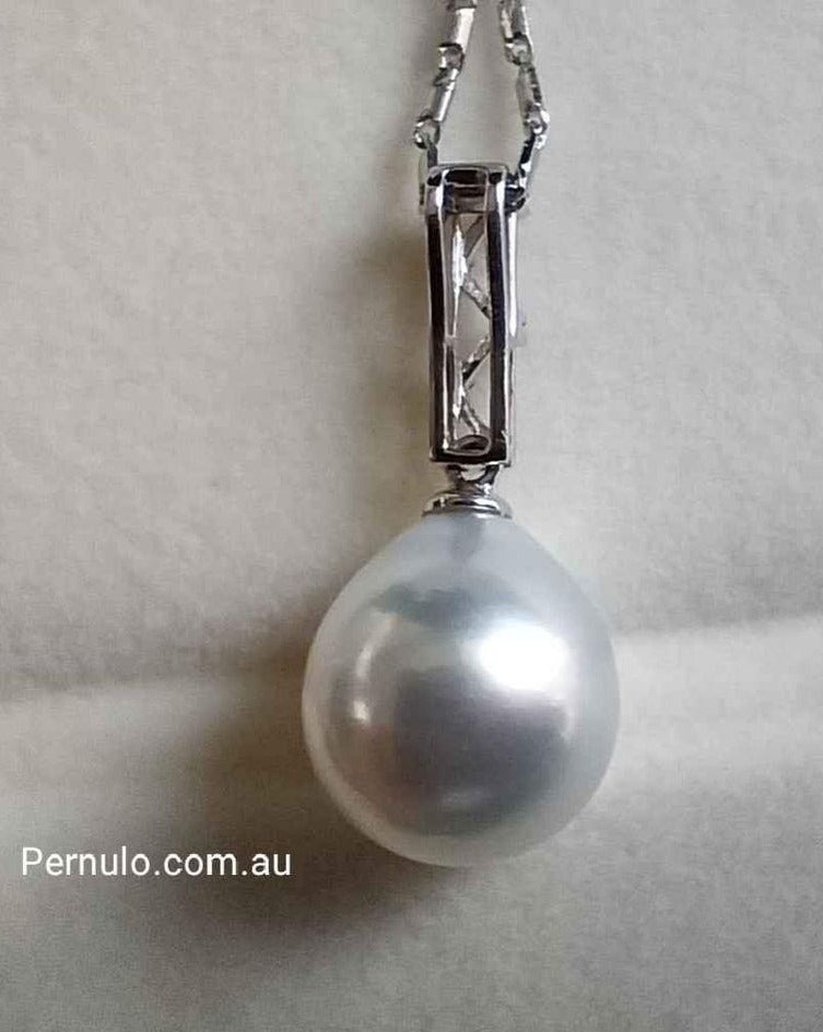 'Raindrop' 18k white gold diamond pendant genuine south sea white pearl 11.2x12mm