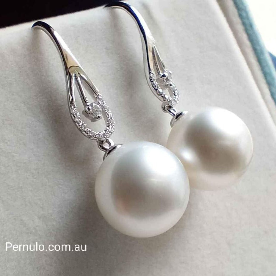 'Moonlight' 18k white gold diamond earrings genuine south sea white pearls 11.3mm