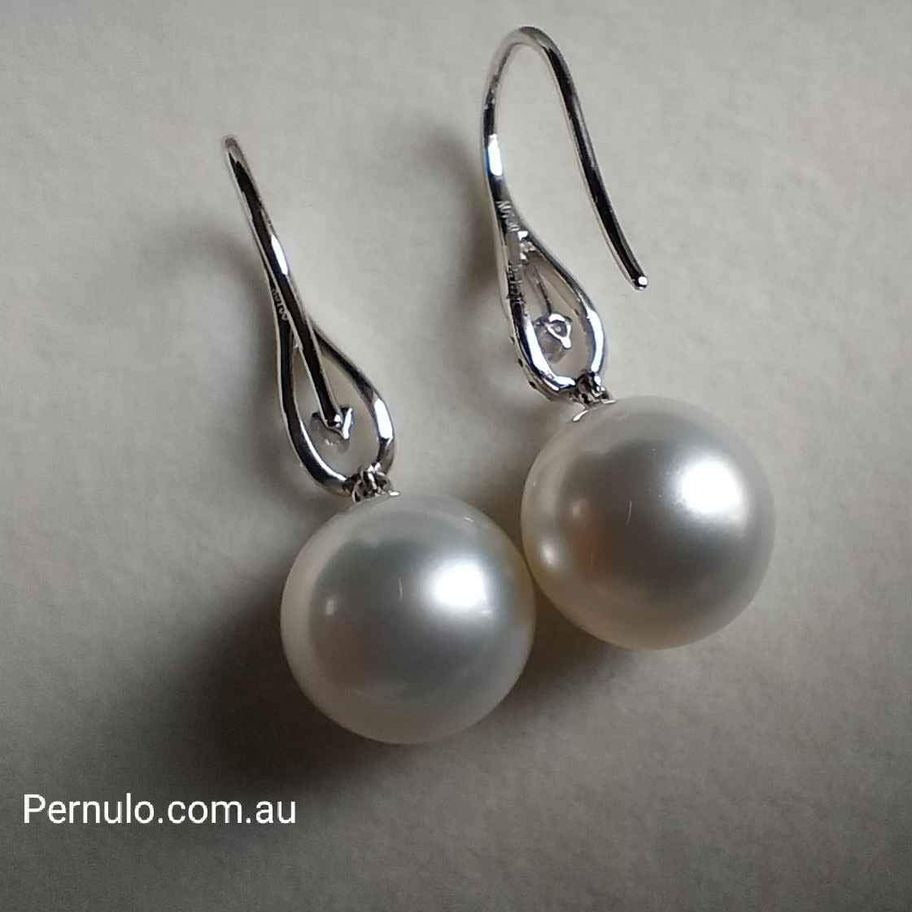 'Moonlight' 18k white gold diamond earrings genuine south sea white pearls 11.3mm