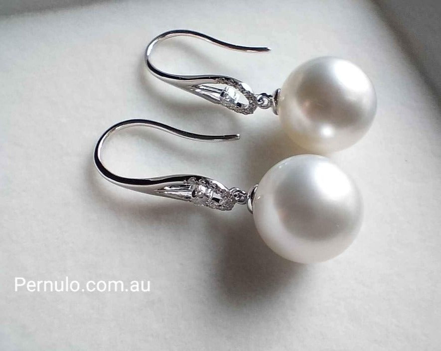'Moonlight' 18k white gold diamond earrings genuine south sea white pearls 11.3mm