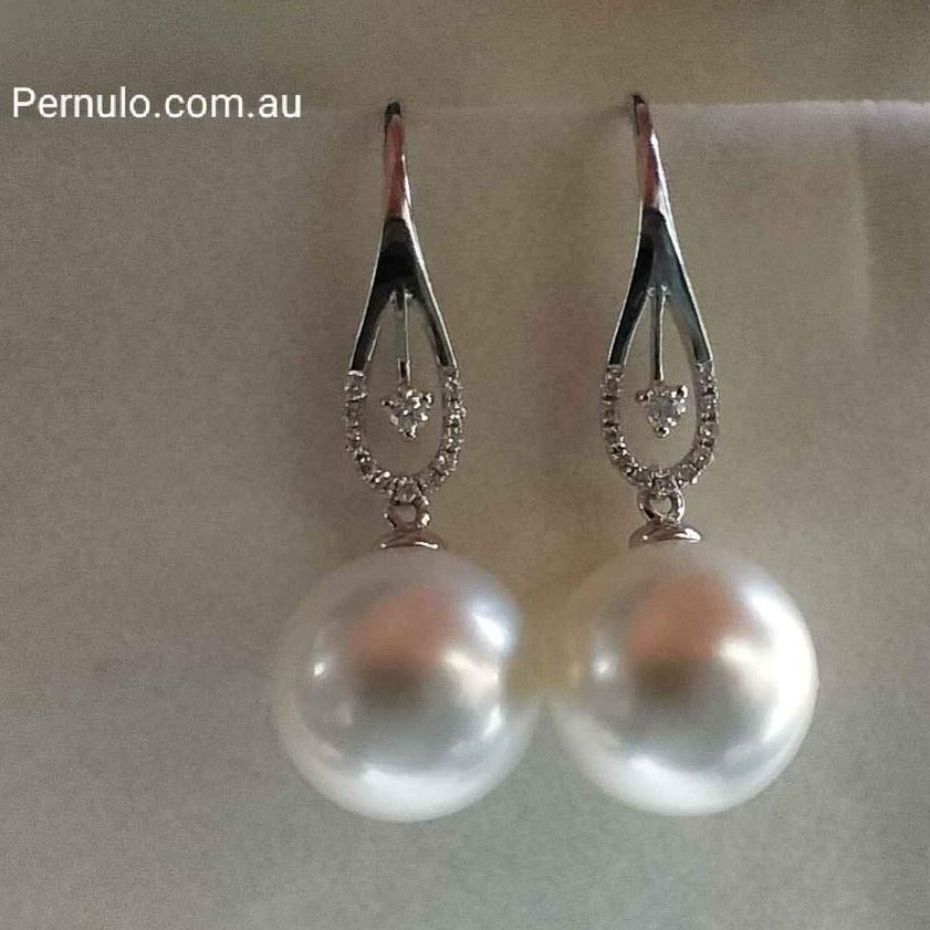 'Moonlight' 18k white gold diamond earrings genuine south sea white pearls 11.3mm