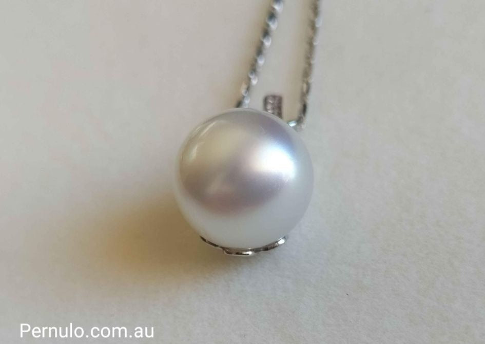 'Grace' pendant 18k white gold diamond genuine south sea white pearl 12.7mm