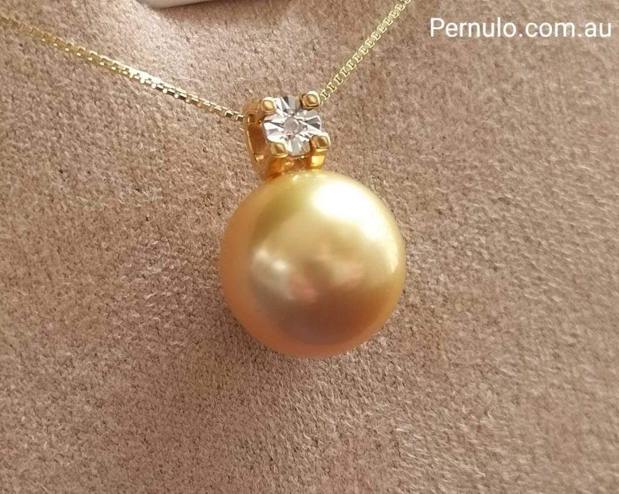 Classic 18k gold diamond pendant genuine golden south sea pearl 12.1mm AAA+