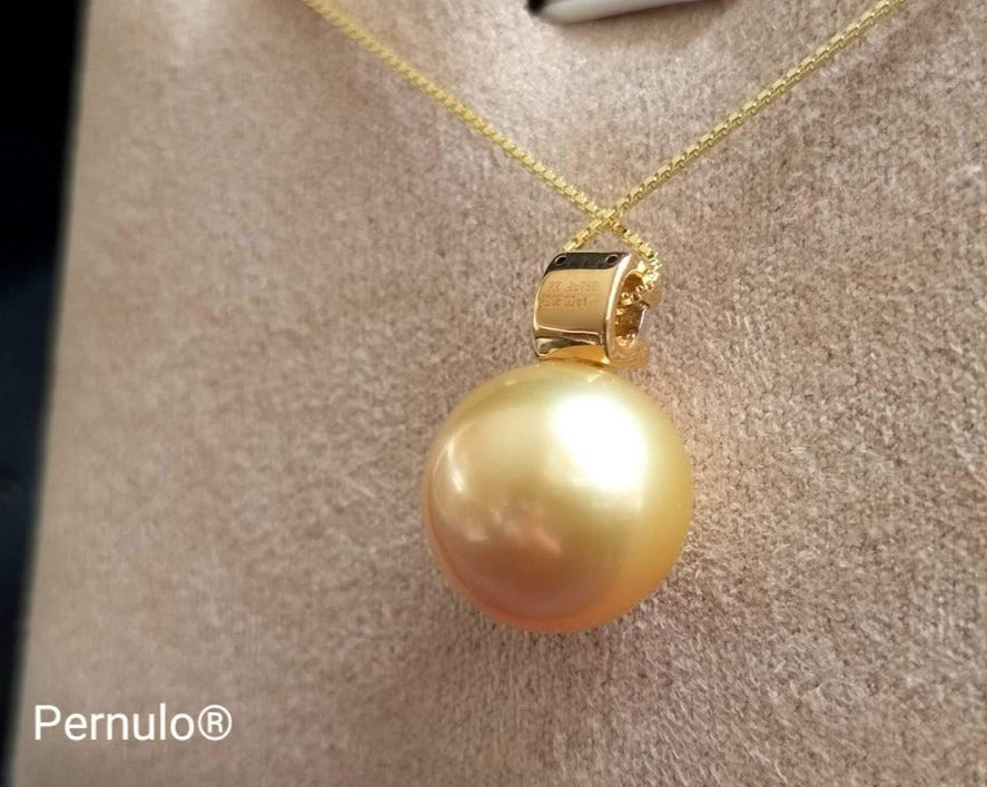 Classic 18k gold diamond pendant genuine golden south sea pearl 12.1mm AAA+