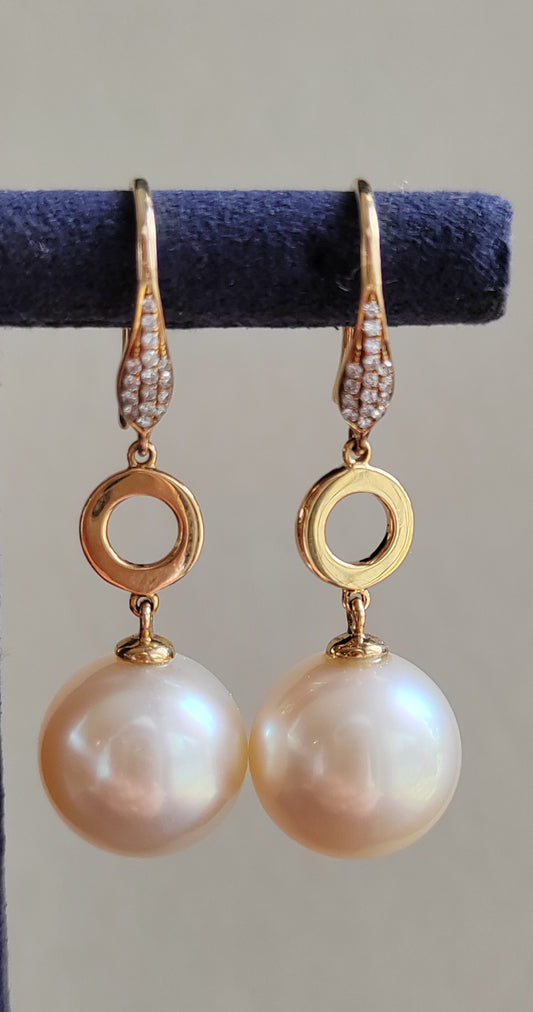 'Dry roses' 18k gold diamond earrings genuine south sea white pearls 11.5mm