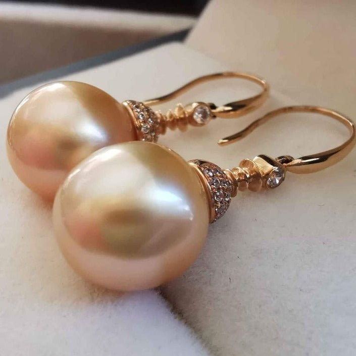 14K gold 10.1mm genuine south sea golden pearls earrings