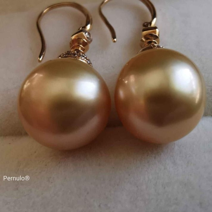 14K gold 10.1mm genuine south sea golden pearls earrings