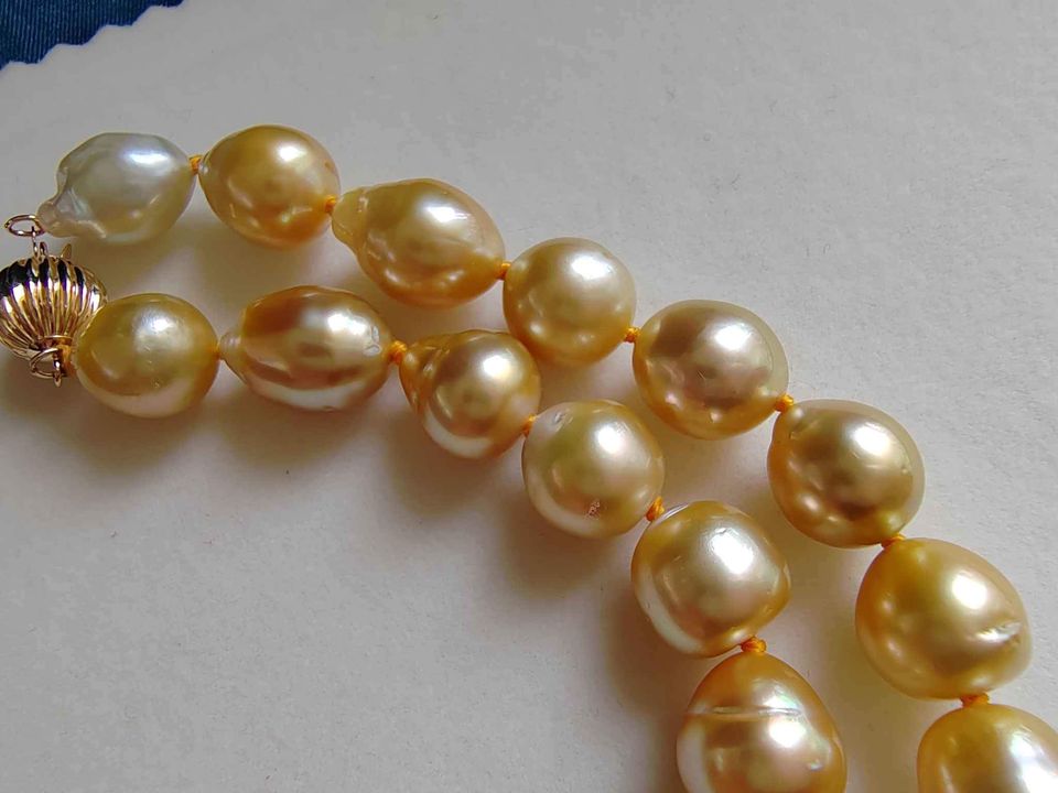 9.5-12.4mm Genuine Golden South Sea Baroque Pearls necklace 14k gold