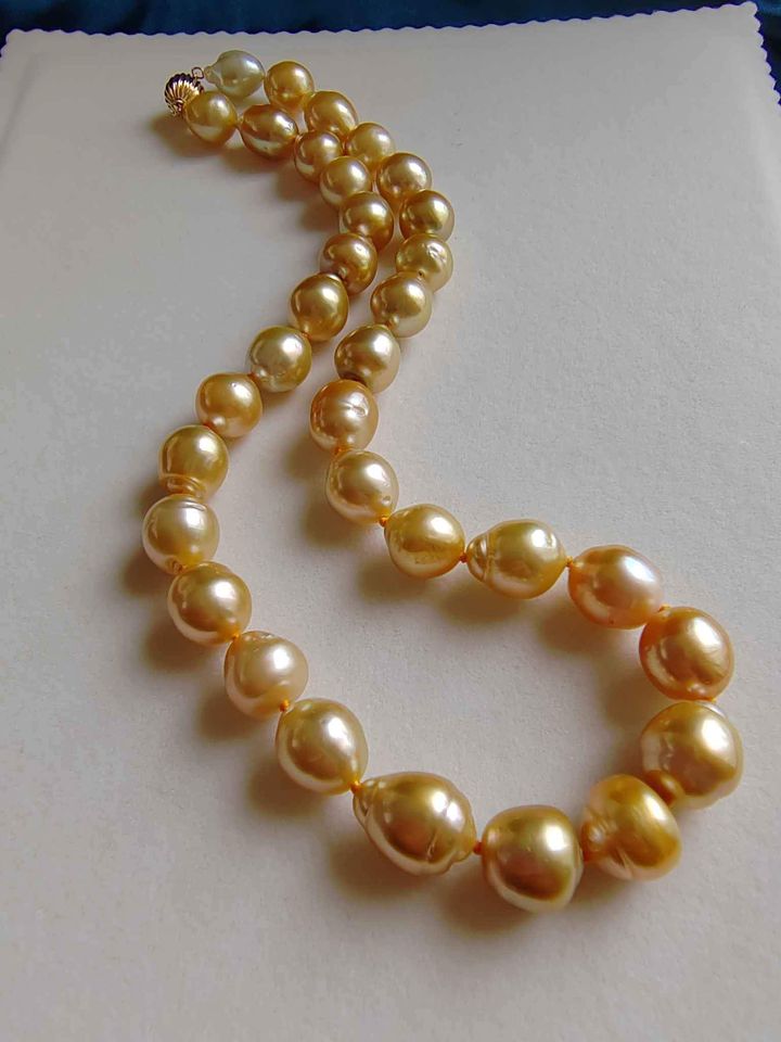 9.5-12.4mm Genuine Golden South Sea Baroque Pearls necklace 14k gold