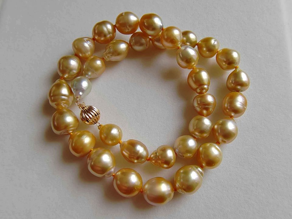 9.5-12.4mm Genuine Golden South Sea Baroque Pearls necklace 14k gold