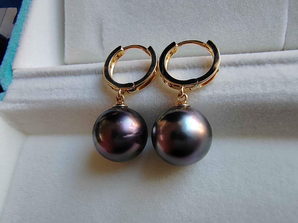 10.6mm Genuine tahitian south sea pearls classic earrings 18k gold