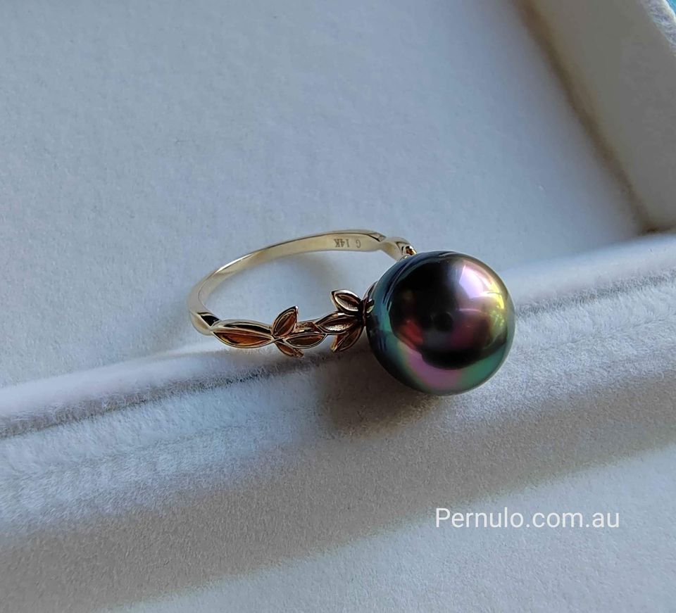 'Rosée' ring 14k gold genuine tahitian south sea pearl 10.5mm size P