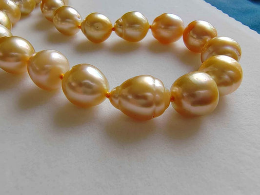 9.5-12.4mm Genuine Golden South Sea Baroque Pearls necklace 14k gold